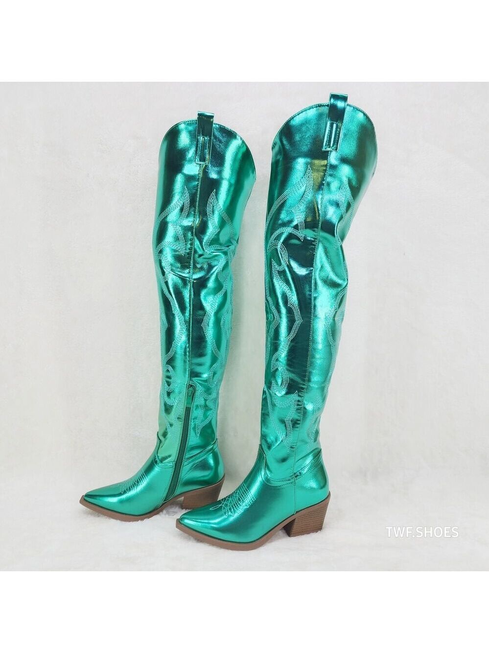 NIB Country Disco Cowboy Metallic Green Western Cowgirl OTK Thigh Boots - Picture 1 of 16